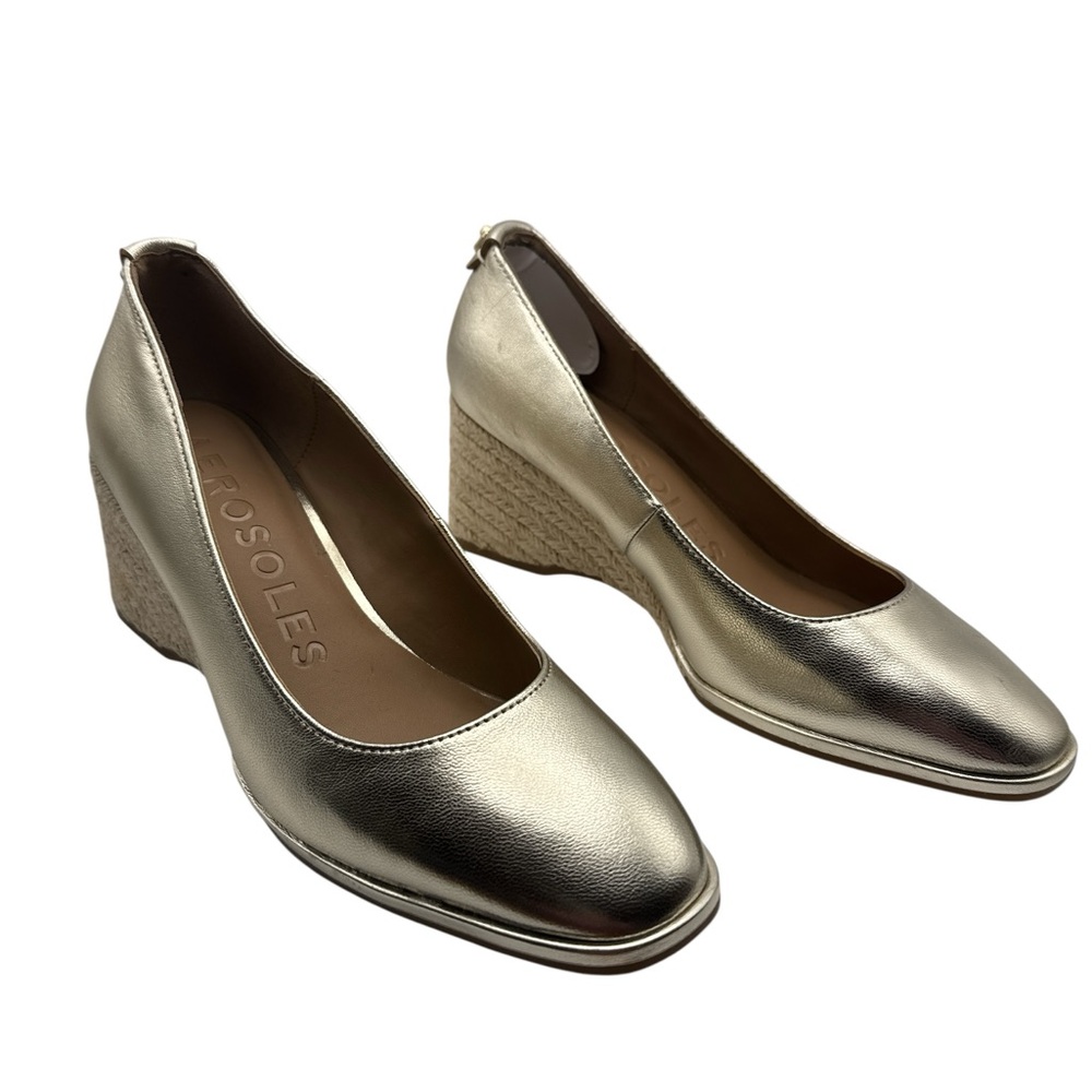 AEROSOLES Women's Gold Metallic Wedge Shoes Size 8.5‎ Ortholite Foam Insole